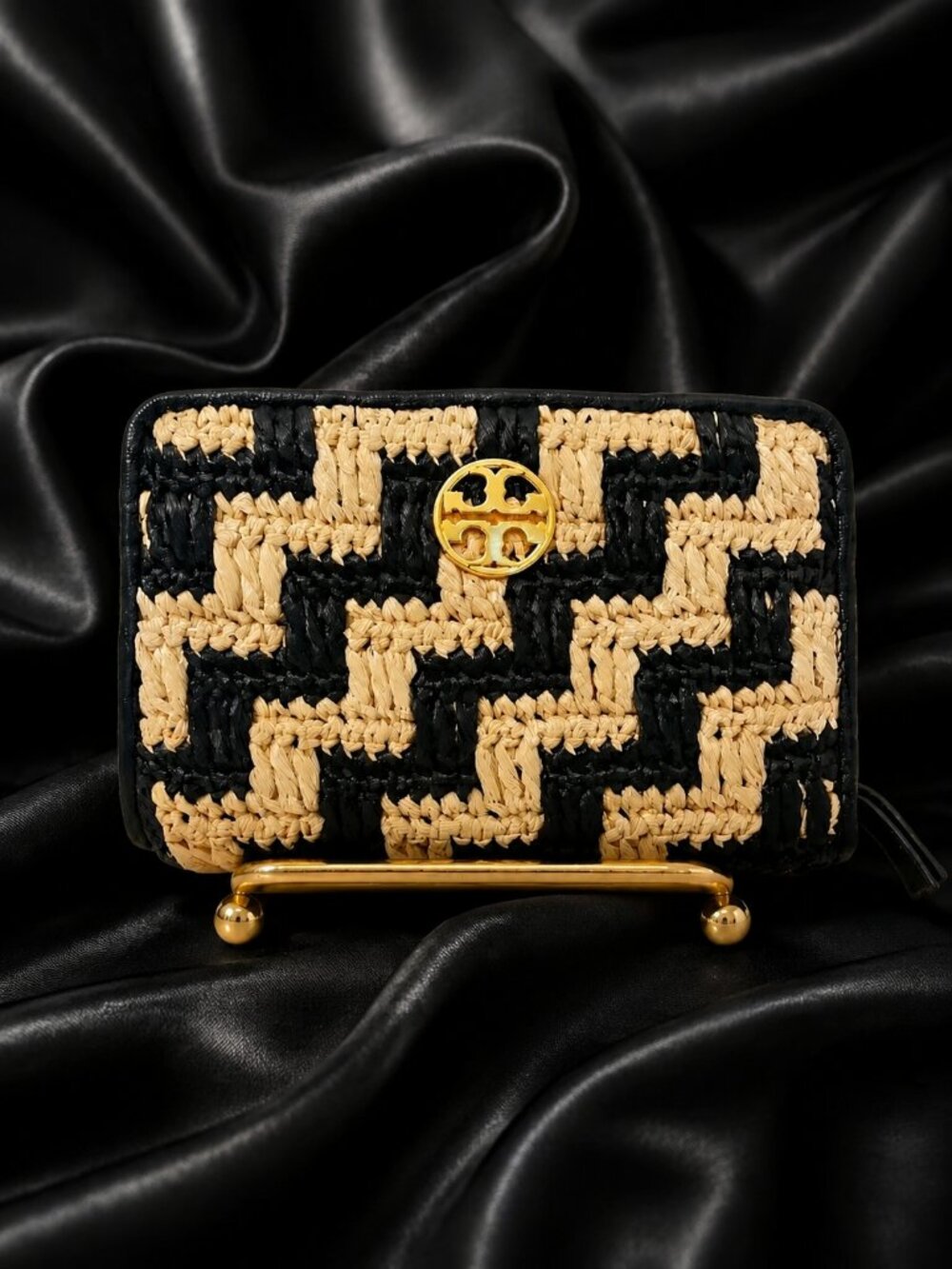 NWT TORY BURCH WILLA Straw Wallet Clutch Black Pale Khaki Leather Gold Logo